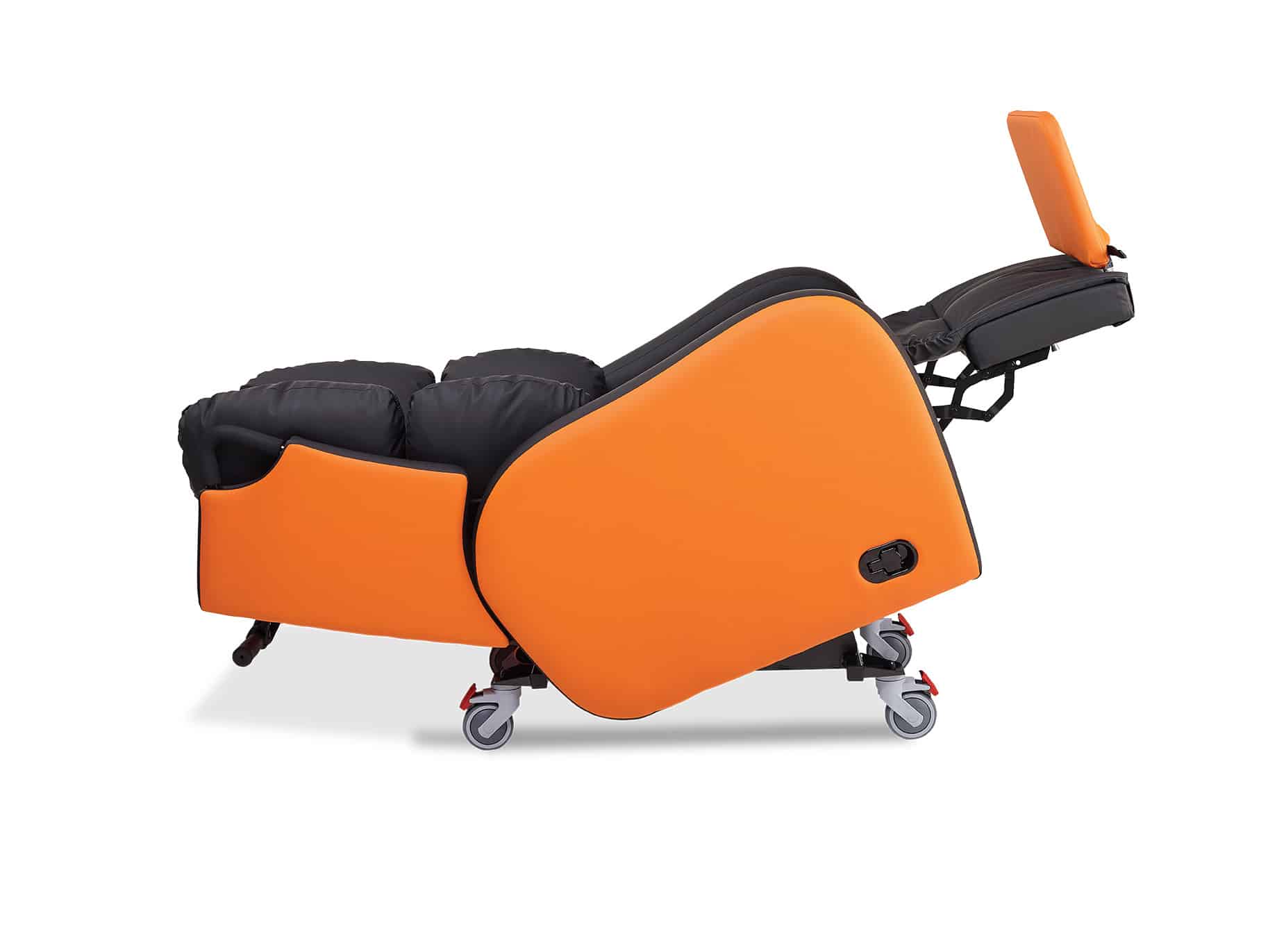 The Plymouth orange homecare chair while it is reclining